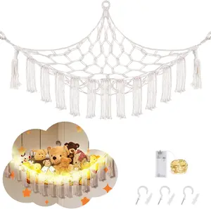 Macrame Hanging Net Hammock for Stuffed Animals with LED Light - Corner Toy Storage for Kids, White