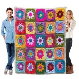 Vintage Granny Square Print Blanket, Colorful Boho Flower Patch Fleece Throw Blanket, Not Crochet Soft Cozy Flannel Blanket for Couch Bed, Retro Floral Gift