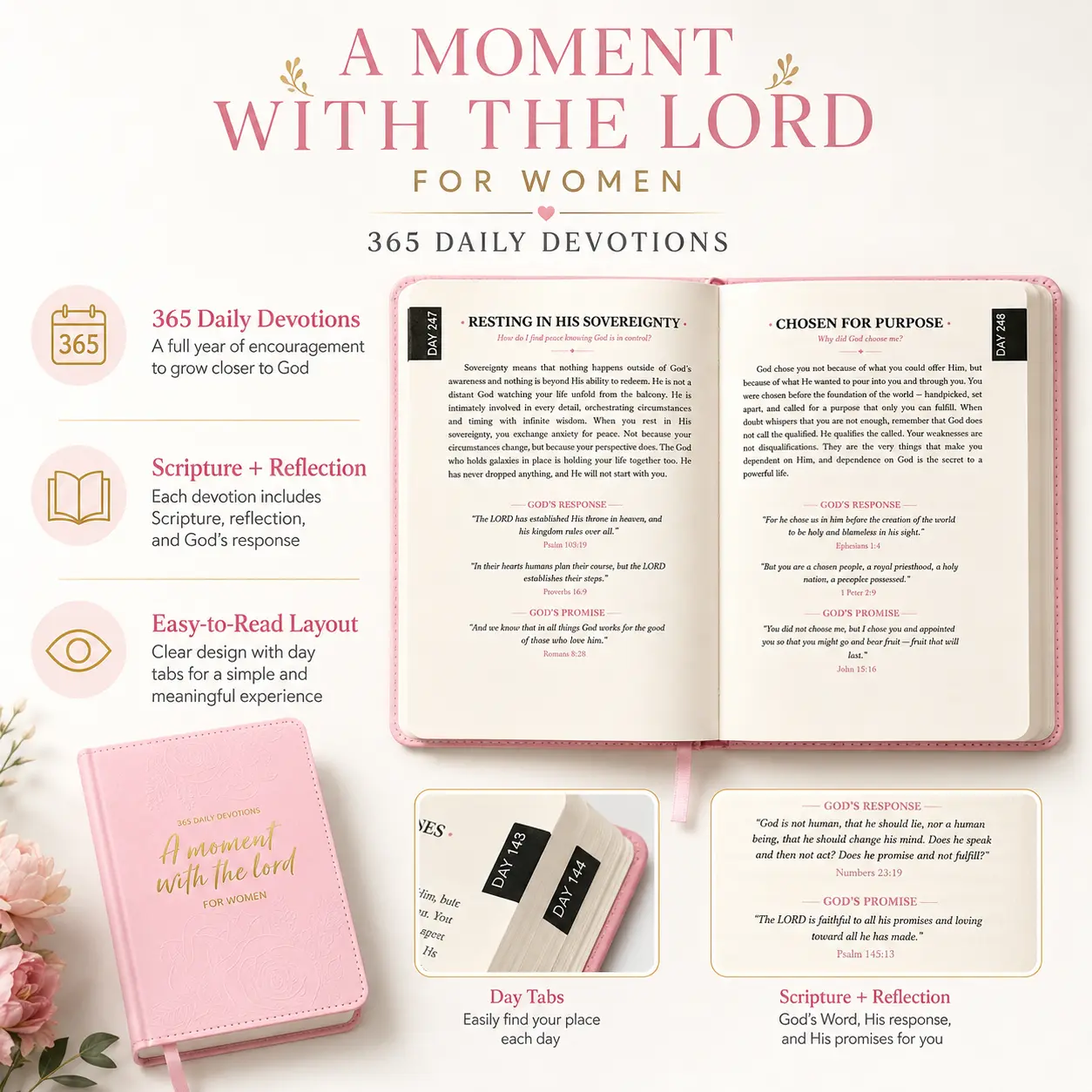 One Minute with God 365-Day Devotional Bible for Women, Faith Based Book with Daily Prayer, Prayer Reflections and Spiritual Growth, Embossed Faux Leather Hardcover, Christian Gift for Women Inspirational Journal