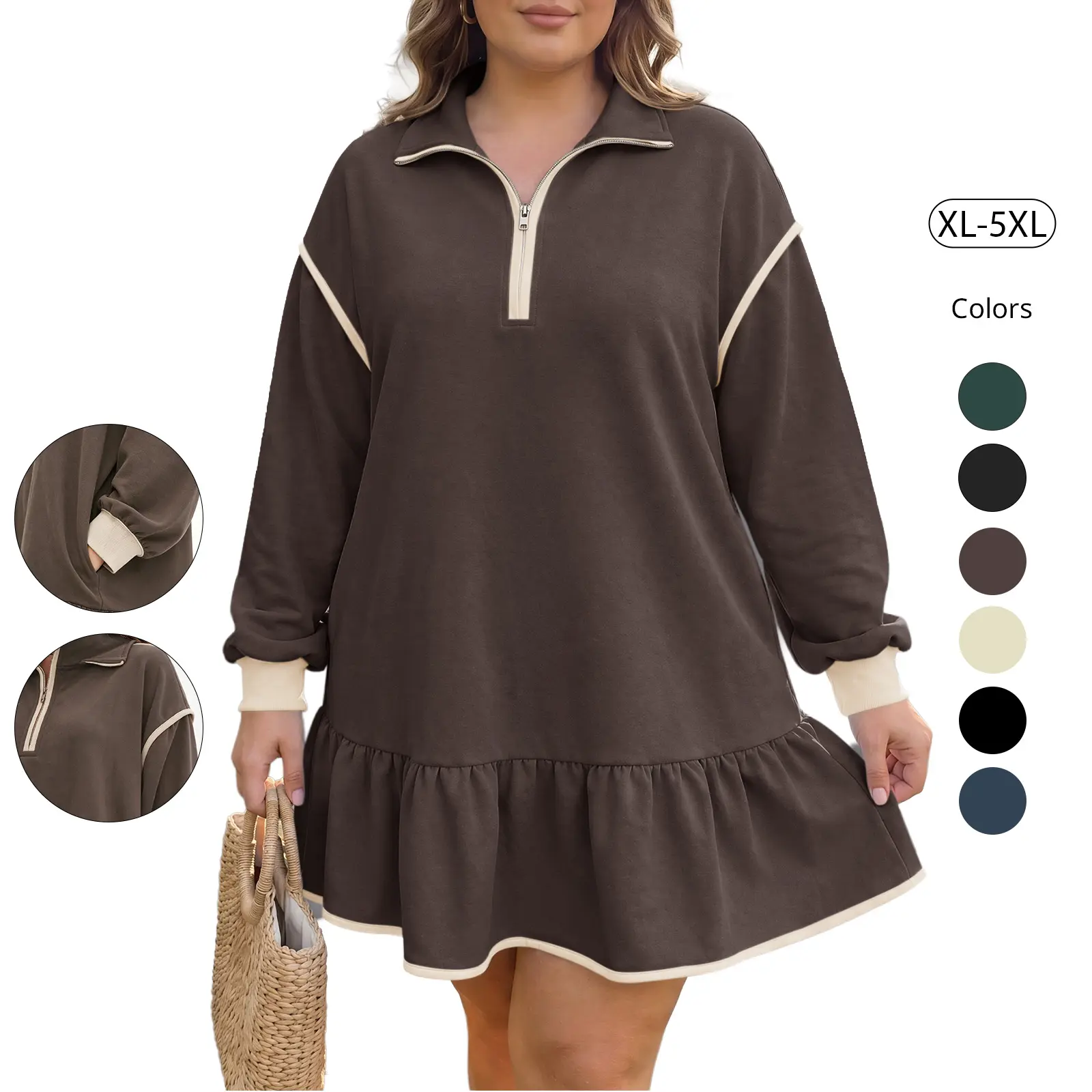 Tankaneo Womens 2026 Fall Oversized Sweatshirt Dress Casual Long Sleeve Quarter Zip Ruffle Hem Pullover Mini Dresses