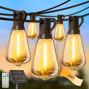 Waterproof Solar Outdoor String Lights, Energy Saving String Lights with Shatterproof ST38 LED Bulbs Great for Mood Setting, Easy Assemble Patio Hanging Lights for Backyard Garden Party, 25FT