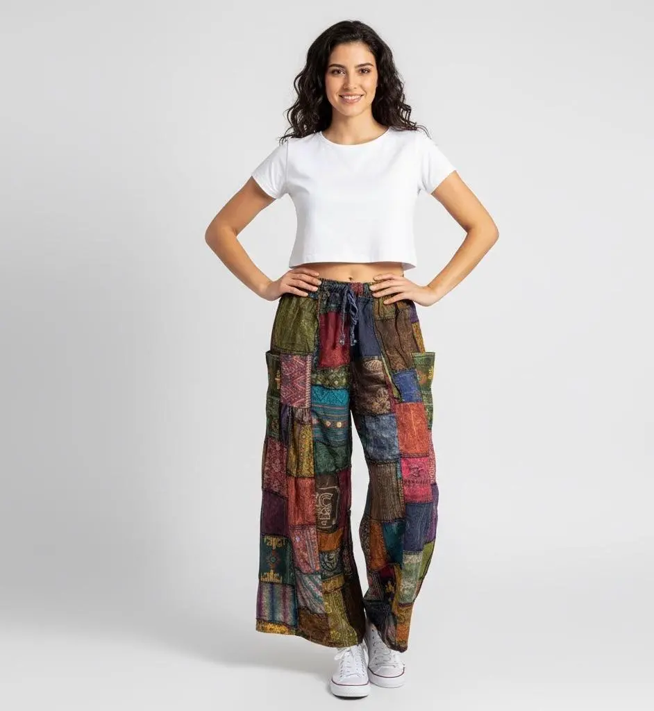 Patchwork Pants, Wide Leg with Elastic Waist Patch Work Unique Style, Multiple Colors, Unisex 100%Cotton, Assorted Colors. Made in Thailand