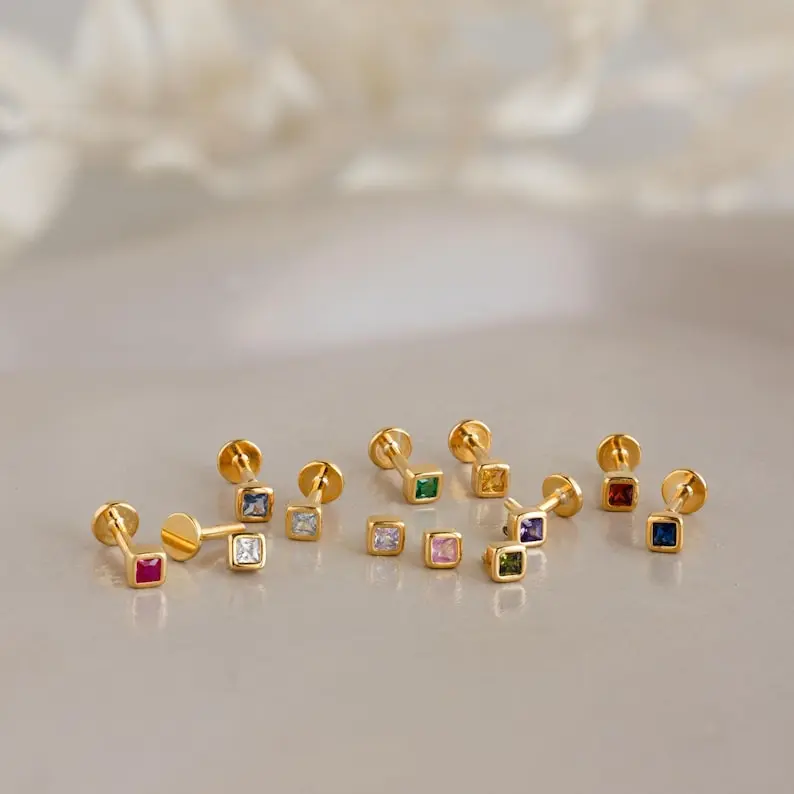 Square Birthstone Stud Earrings by Caitlyn Minimalist • Geometric Screw Back Earrings • Dainty Gemstone Jewelry • Gift for Her • ER658