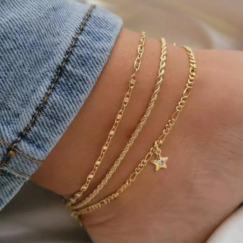 Women's Elegant Star Decor Chain Anklet, 3pcs 2024 New Dainty Jewelry for Daily Clothing Decor, Party, Chic All-match Trendy Jewelry As Gift for Girlfriend & Boyfriend, Fashionable Jewelry Accessories, Trendy Jewellery Accessories