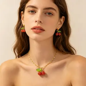 [LeBijouLab] Summer Vibe Cherry Jewelry Set - Tarnish-Free Titanium Steel Necklace & Earrings | 16"+2" Extender Chain | Sweet Cherry Golden Jewelry Set | No-Fade Titanium Steel for Sensitive Skin Perfect for Coquette & Y2K Vibe