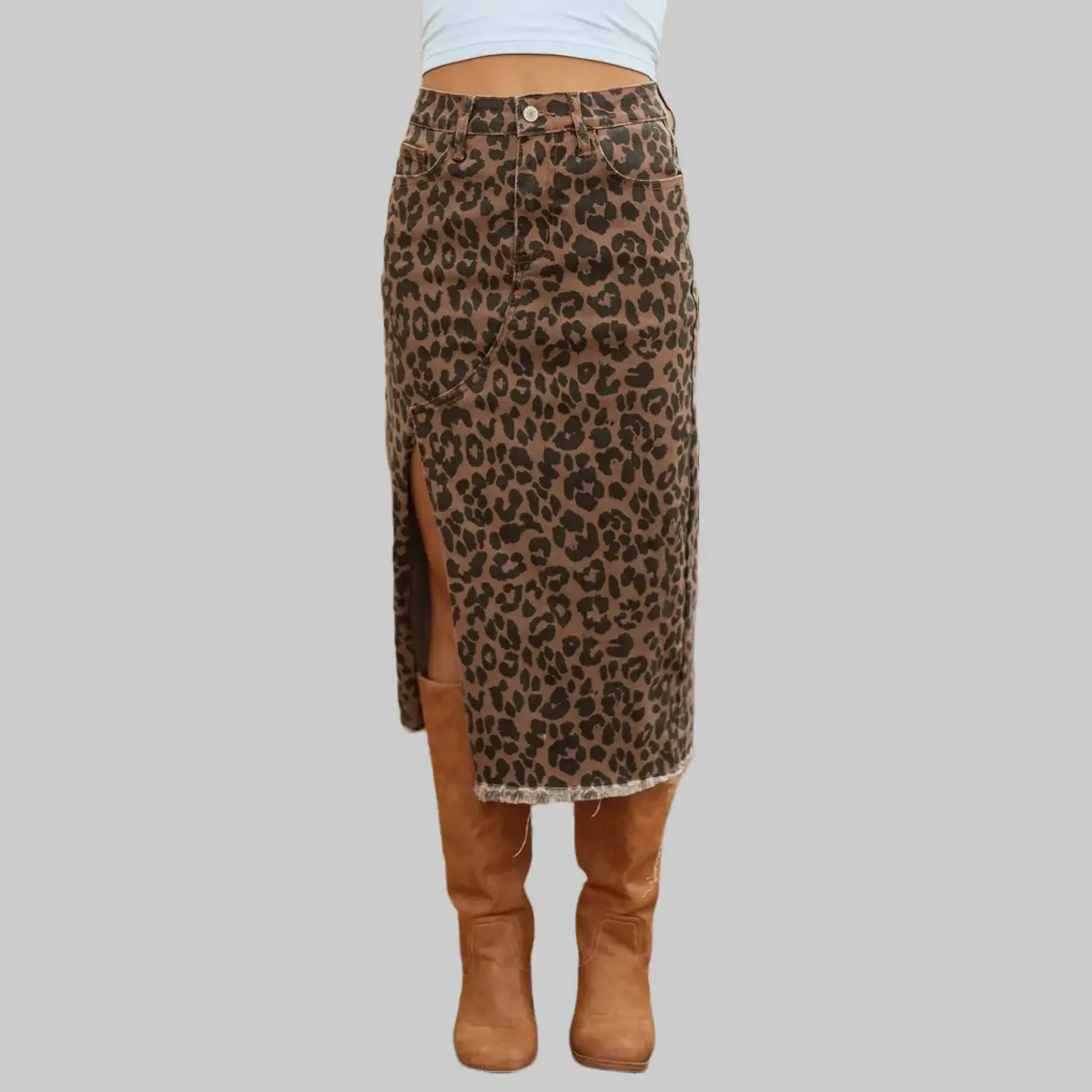 High Waist Leopard Print Denim Midi Skirt, Casual Streetwear with a Frayed Hem and Side Split, Women Woodland Camouflage Print Midi Denim Skirt, Front Slit Frayed Raw Hem Long Jean Skirt, 65% Cotton 33% Polyester Stretch Casual Daily Skirt