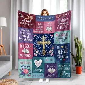 Christian Bible Verse Throw Blanket Inspirational Scripture Quote Patchwork Flannel Cozy Soft for Faithful Homes Church Gifts