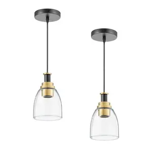 1-Light Pendant Light, 2 Pack, Kitchen Island Lights with Clear Glass Shade & Hanging Cord, Black and Gold Finish, Adjustable Height, Pendant Lighting for Bedroom, Hallway, Entryway, Kitchen
