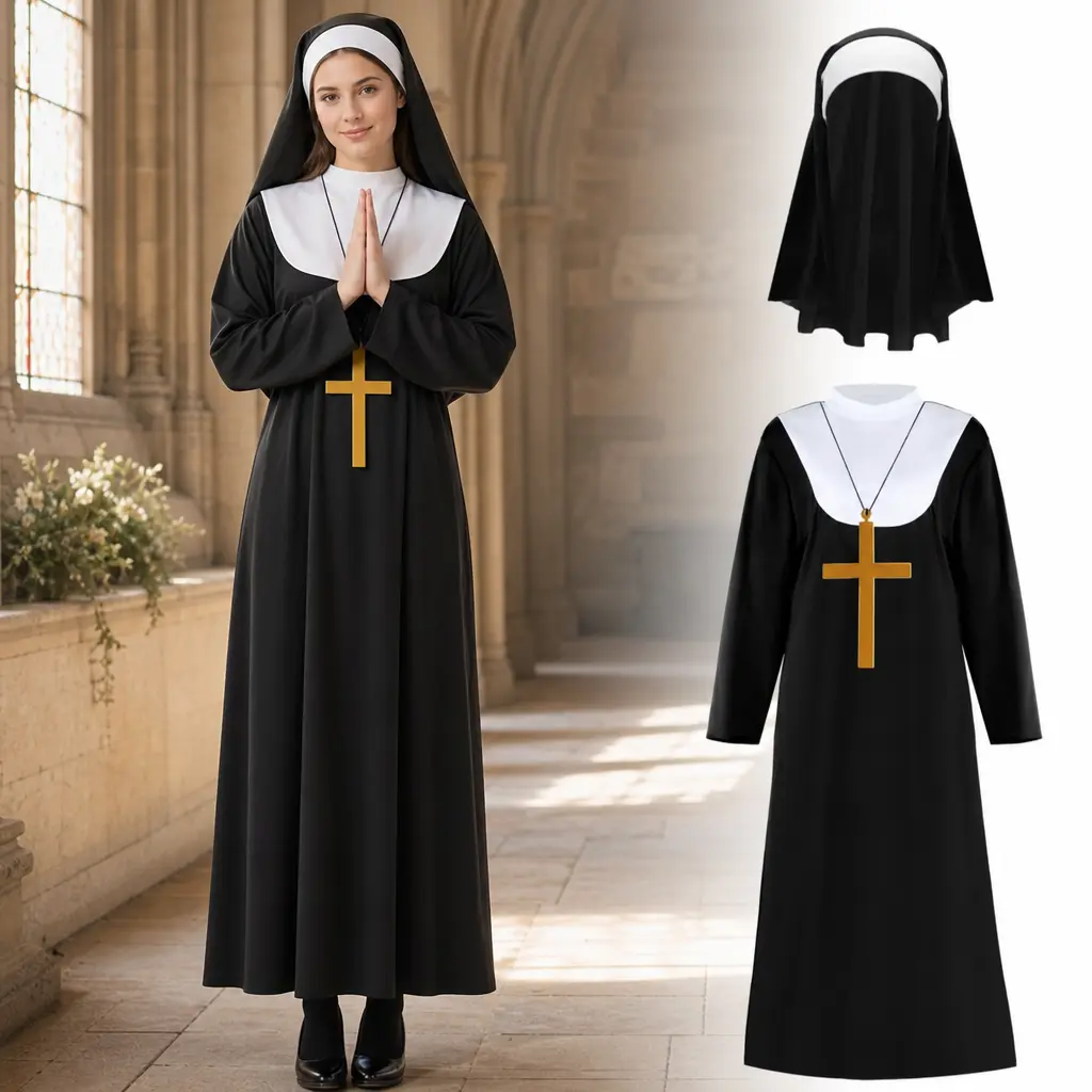 Women's Nun Costume Set for Halloween, Full-Length Polyester Robe Dress with Nun Veil & Cross Accessories, Adult Religious Cosplay Outfit for Halloween Parties, Costume Events & Themed Dress Up
