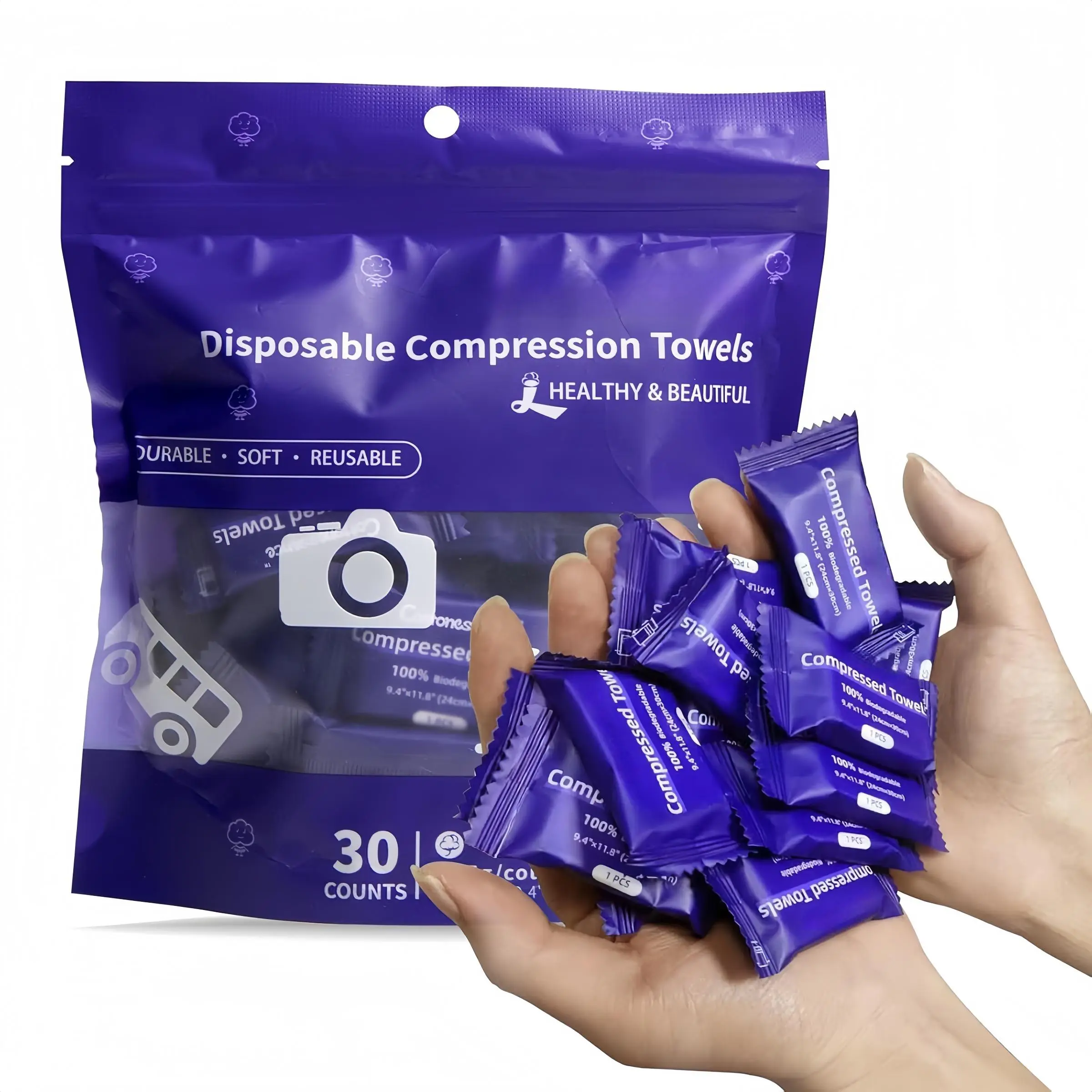 30 Pcs Large Compressed Disposable Face Towels, Face Towelettes Disposable, 11.8x9.4 Inch Thick Cotton Wet Wipes, Portable Facial Cleaning Towels for Travel & Outdoor Use