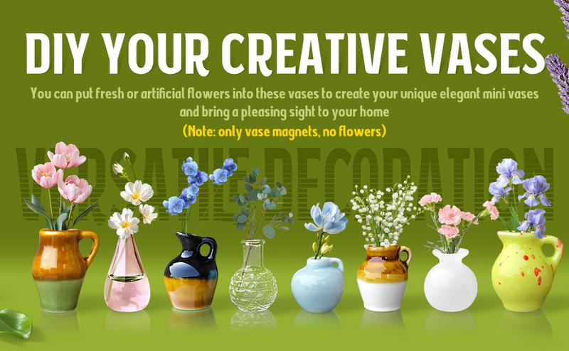 8 PCS Mini Vase Magnets, 3D Ceramic Flower Vase Fridge Magnets Cute Tiny Plant Vases for Refrigerator Accessories Kitchen Locker Office Decoration, Magnetic Vases Home Decorative Fridge Art