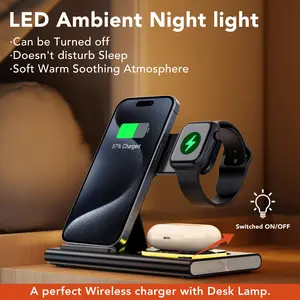 Wireless Charger Station, 4 in 1 Foldable 15W Fast Charging Wireless Charging Station with Night Light for iPhone iPods iWatch