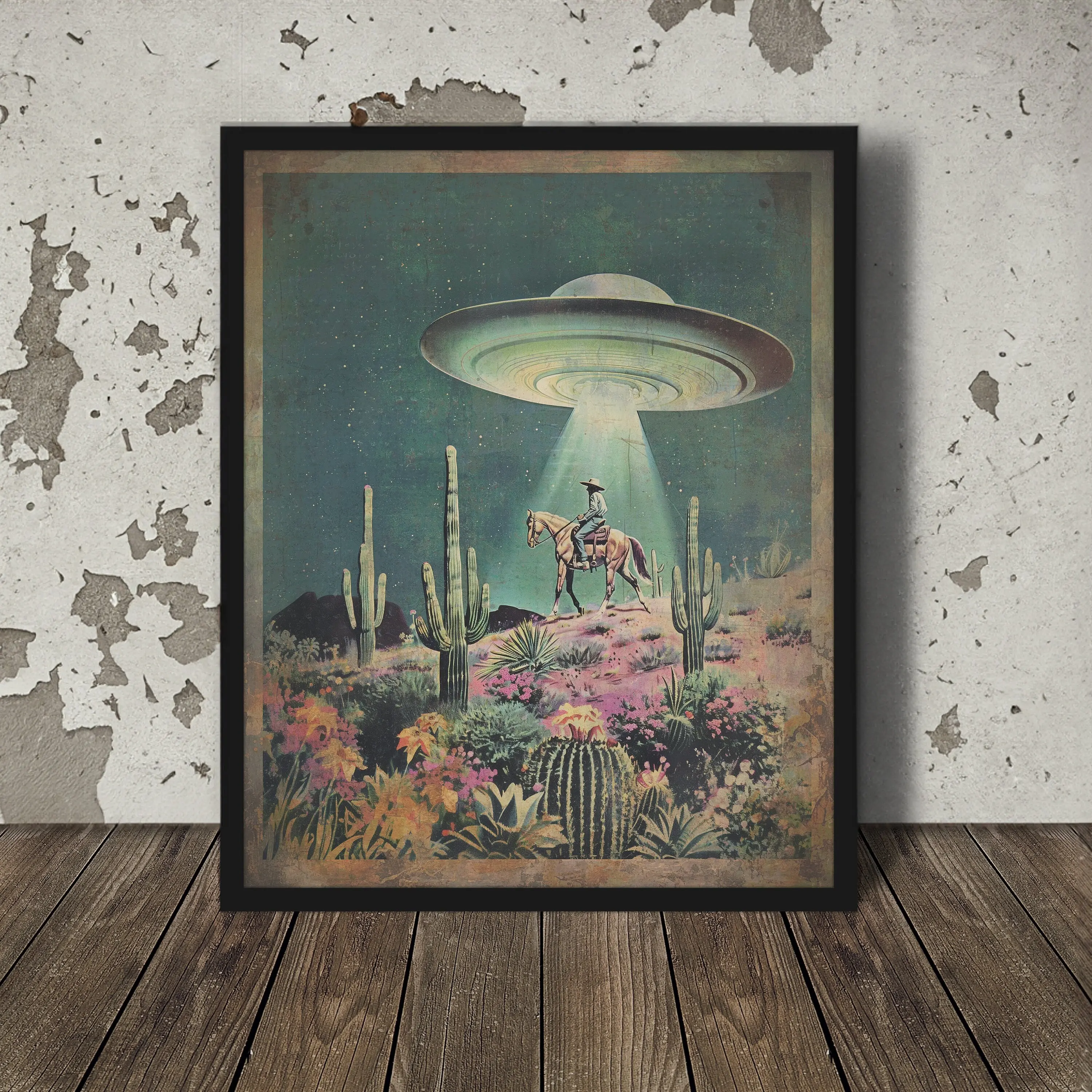 UFO Cowboy Western Americana Unframed Poster - Artistic Retro Sci-Fi Astral Wall Painting, Waterproof Multi-Size PVC Tube Print, Boho Kitchen Decoration with Flying Saucer, Alien, Horse, Desert Flowers, Whimsical Home Accessory, Box-Shipped