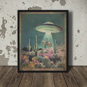 UFO COWBOY Fine Art, WESTERN Americana Poster No Frame, More Options Retro Sci-fi Home Decor, Flying Saucer Alien Wall Art, Horse Desert Flowers Floral Gift