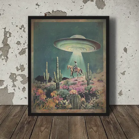 UFO Cowboy Western Americana Unframed Poster - Retro Sci-Fi Space Wall Art, Waterproof Multi-Size PVC Tube Print, Unframed Style Home Supplies, Funny Decor for Kid Room, Boho Accent with Flying Saucer Alien Horse Flowers, Box-Shipped Decor Inspo, Kitchen