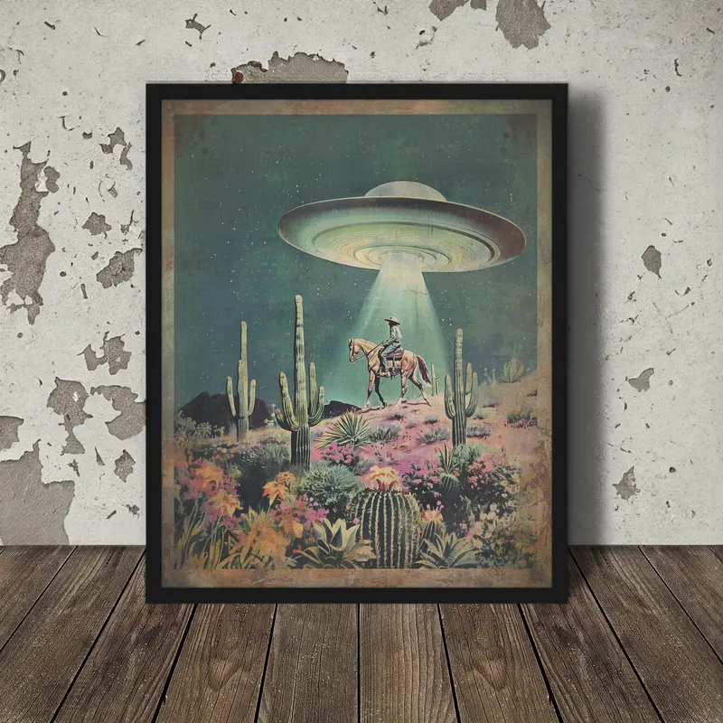 UFO Cowboy Western Americana Unframed Poster - Retro Sci-Fi Space Wall Art, Waterproof Multi-Size PVC Tube Print, Unframed Style Home Supplies, Funny Decor for Kid Room, Boho Accent with Flying Saucer Alien Horse Flowers, Box-Shipped Decor Inspo, Kitchen