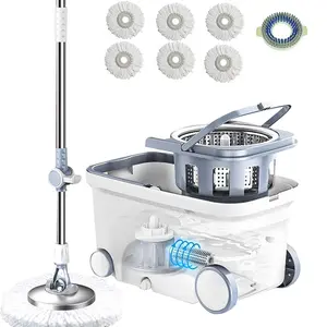 Mop Bucket Deluxe 360 Spinning Floor Cleaning System with 6 Microfiber Replacement Head Refills,62_ Extended Handle,4X Wheel for Home Cleaning _ Health & Household