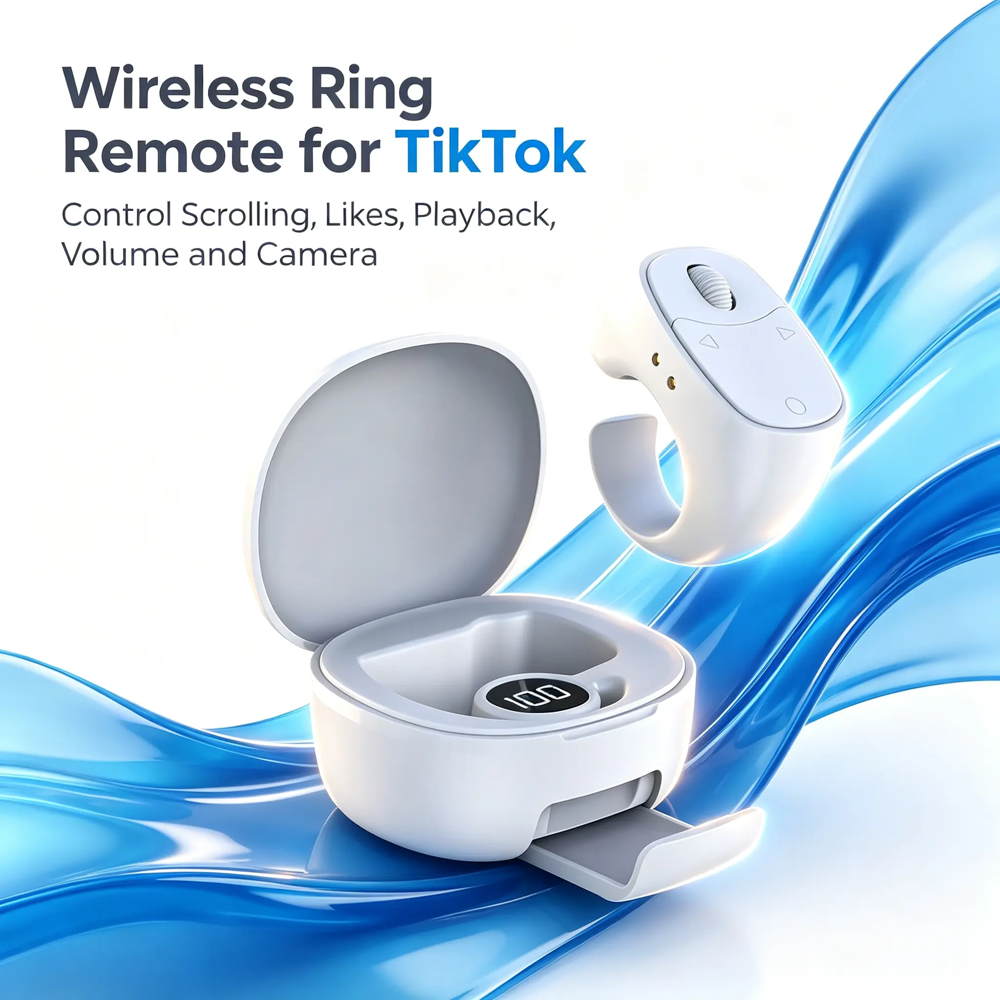 2026 New Mini Wireless Bluetooth Ring Remote, Hands-Free TikTok Scrolling & Like Control, Camera Shutter & Volume Adjust, 180mAh Charging Case With Phone Stand, USB-C for iPhone & Android