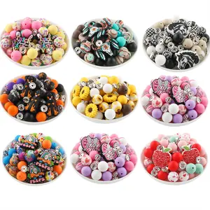 50pcs/bag Silicone Bead Assortment Set Includes Silicone Focal Beads Printed Round Beads and Solid-Color Round Beads Diy Mix Beads Suitable for Keychain Pendants and DIY Handmade Bracelet Accessories
