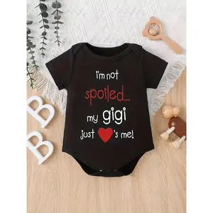 Cotton Baby Jumpsuit with "I'm Not Spoiled, My Gigi Just Loves Me" Print - Black, Round Neck, Short Sleeves, All-Season Knit Fabric, Machine Washable, Ideal for Outdoor Activities, Baby Romper Jumpsuit, Perfect for Outdoor