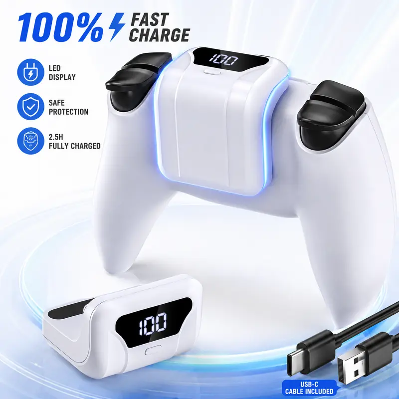 Fasceote Durable 1800mAh Portable PS5 Controller Battery Pack, Ultra-Light Rechargeable Gaming Accessory with Secure Back Clip, Type-C Cable Compatible Console Charger, Gaming Accessories