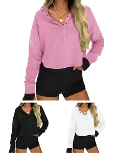 Fisoew Womens Cropped Sweatshirts Casual Henley Neck Snap Button Long Sleeve Ribbed Loose Fit Fall Crop Tops FallFreshness Outfit Womenswear costco finds this week plus size fashion marca de lujo tops tops for women long sleeve tops women women's tops