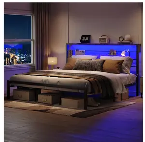 King Size Bed Frame with 49.2" High LED Storage Headboard Shelf, Metal Platform Bed, Black
