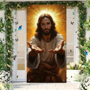2D Flat Banner 1pc Easter Door Curtain Background, Jesus Sacred Light Design Religious Decoration, Easy to Hang, Outdoor Compatible