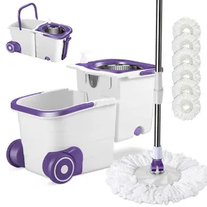 360 Degree Rotating Mop, Suitable for Floor Cleaning, Free of Manual Cleaning, Rotating Mop Bucket Suit, Made of Stainless Steel, Equipped with Six One Replacement Mop Head, a White Purple Color Split Bucket, Household Cleaning Tools, Party Cleaning Suppl