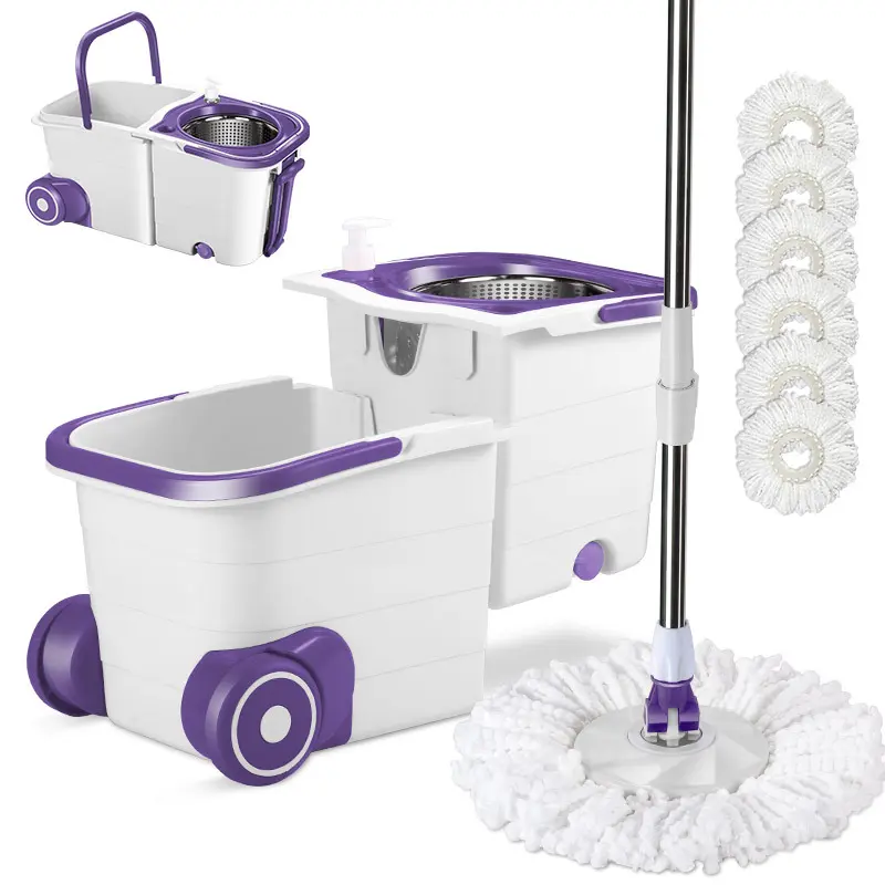 360 Degree Rotating Mop, Suitable for Floor Cleaning, Free of Manual Cleaning, Rotating Mop Bucket Suit, Made of Stainless Steel, Equipped with Six One Replacement Mop Head, a White Purple Color Split Bucket, Household Cleaning Tools, Party Cleaning Suppl
