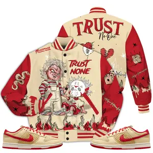 Strawberry Waffle Varsity Jacket, Dunk Low Strawberry Waffle Shirt, Scary Trust No One Graffiti Couples Matching Outfits Streetwear Sneaker Shirt Athletic Casual Fabric Knit