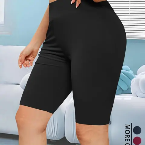 Plus Size Solid High Waist Short Leggings, Comfy Breathable Skinny Fitness Workout Exercise Shorts for Yoga Gym Running, High Stretch Athletic Cut Shorts, Breathable Sporty Bottoms