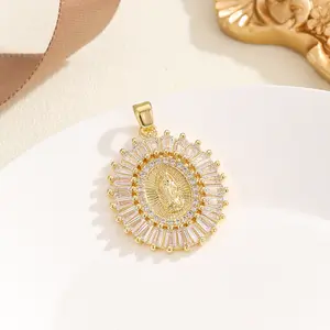Gold Zircon Necklace with Virgin Mary Pendant