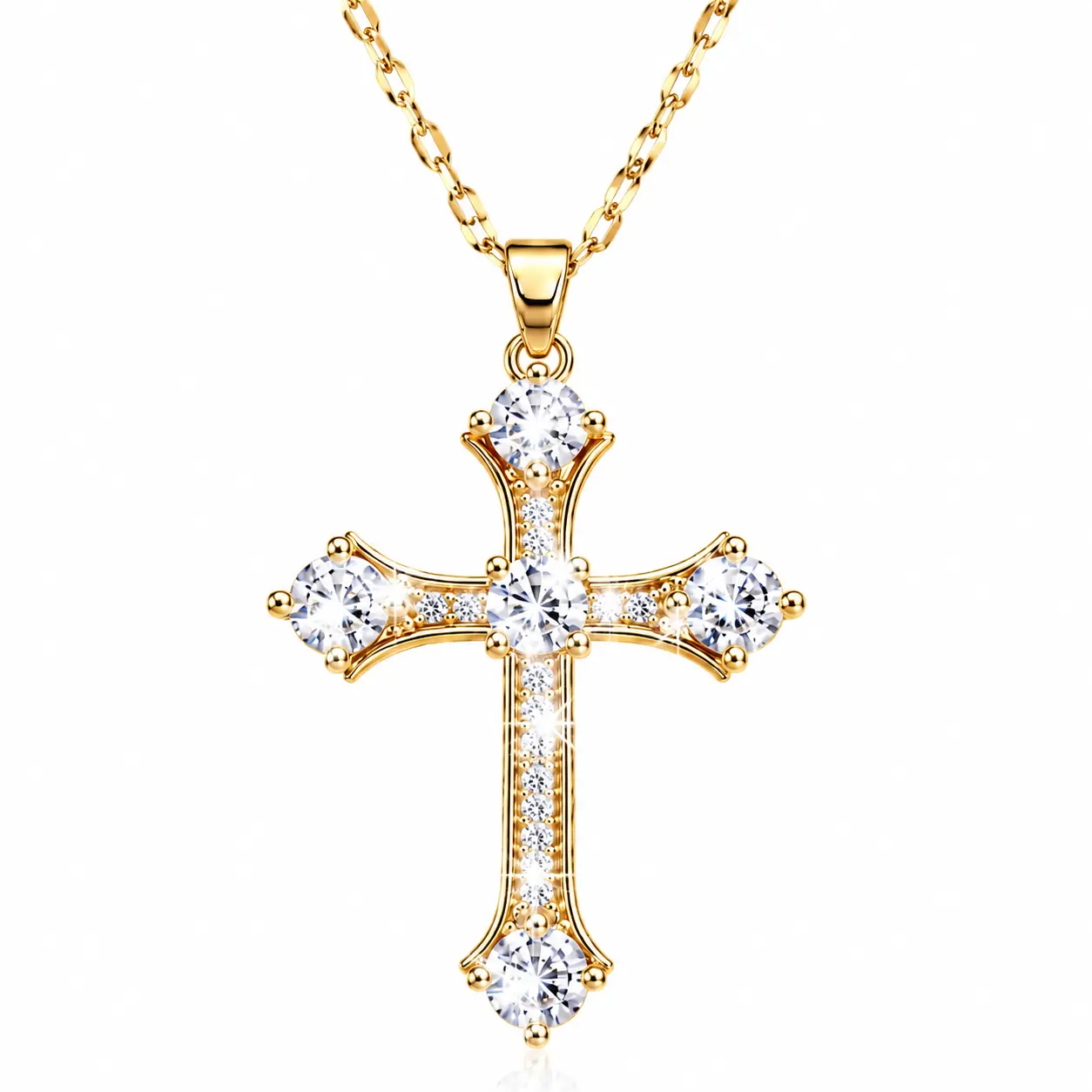 Women's Sparkling Gold Cross Pendant Necklace, CZ Crystal Cross Jewelry, Trendy Fashion Necklace for Women，cross pendant jewelry，jesus crucifix pendant necklace，cross necklace girl，wail tail necklace，chain for men，regalo para fan，memorabilia pendant，