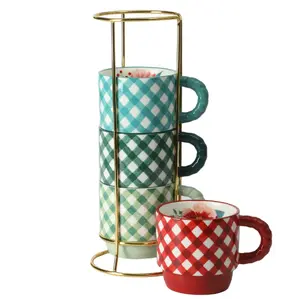 Reusable Merry Meadow Gingham 5-Piece Stoneware Mugs with Rack - Drinkware