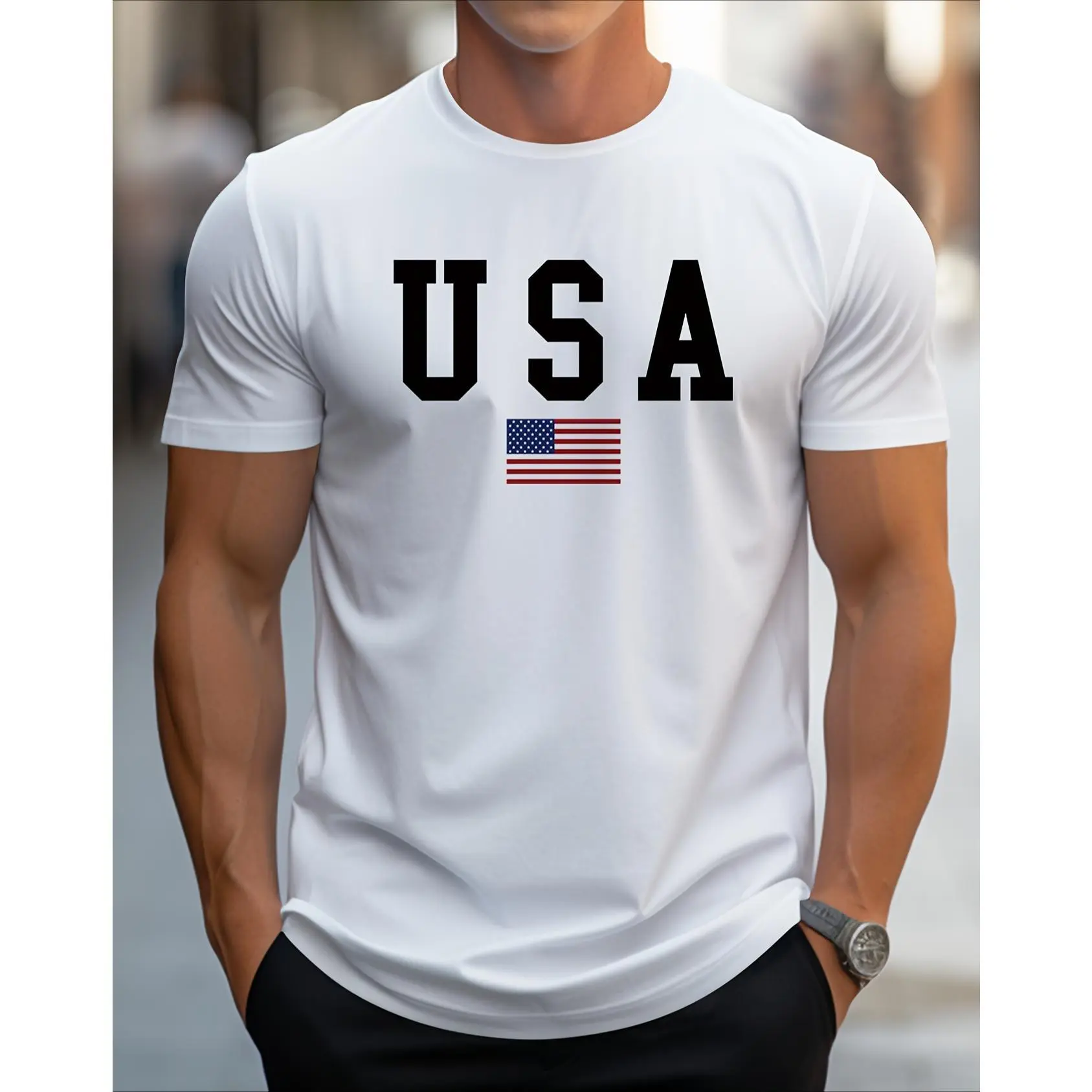 Men's Patriotic USA Flag Print T-Shirt -  Crew Neck Short Sleeve, Slight Stretch Knit Fabric, Regular Fit All-Season Comfort,