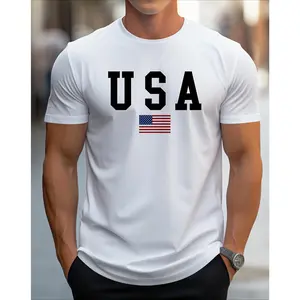 Men's Patriotic USA Flag Print Cotton T-Shirt -  Cotton Crew Neck Short Sleeve, Slight Stretch Knit Fabric, Regular Fit All-Season Comfort,