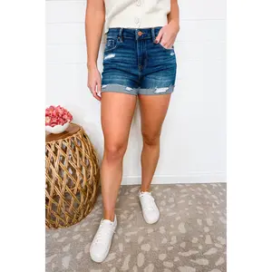 Poppy Risen Mid Rise Cuffed Jean Shorts - Dark Fit Cute