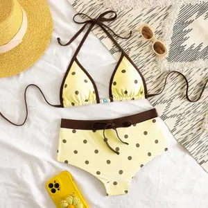 AgeRose Women’s 2-Piece Colorblock Bikini Set, Retro Yellow Polka Dot Halter Swimwear, Y2K Fashion Beachwear Swimsuit Style Bikini for Summer Beach, Outdoor Swimming