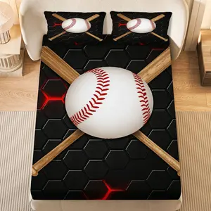 3Pcs Baseball Sports Hexagon Fitted Sheet Three Piece Set (1*Fitted Sheet+2*Pillowcases, Coreless), Sports theme, Baseball Fan Bedding Set, Mattress Protector Soft, Breathable