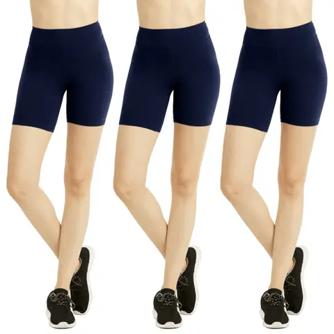 Women's 3-Pack Breathable Cotton Short Leggings - 5" Modest Cover, Wide Waistband Smooths Tummy, Biker-Style Cut Adds Athleisure Edge, High-Waisted, No See-Through, Tummy Control Activewear for Workout, Cycling