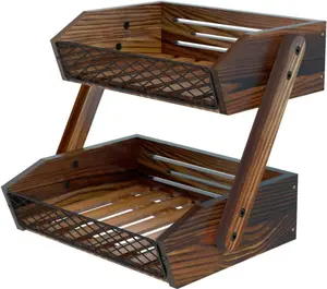 Wooden 2-Tier Fruit Basket for Kitchen Counter Organizer - Expand Storage Space & Organize Vegetables, Bread, Spices, & More