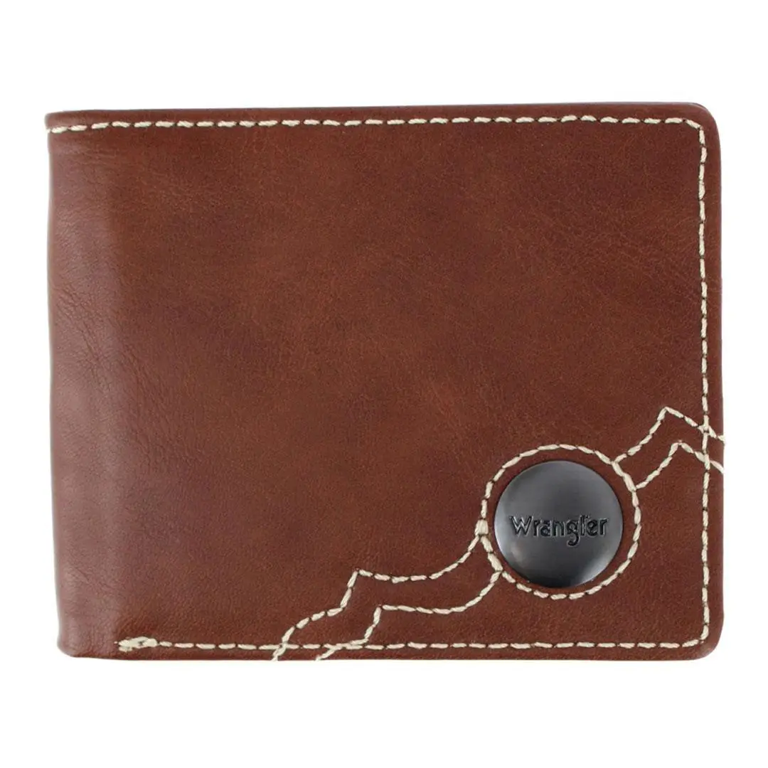 Wrangler Men's Bifold Wallet in Durable Faux Leather, Western Style with Contrast Stitch, Slim Multi-Compartment Fashion Wallet