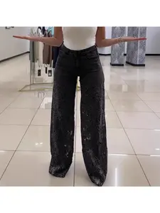 Women's Loose-fitting Embroidered High-waisted Lace Patchwork Cutout Denim Jeans, High-waisted Wide-leg Floral Cutout Floor-length Jeans with Pockets and Zipper.