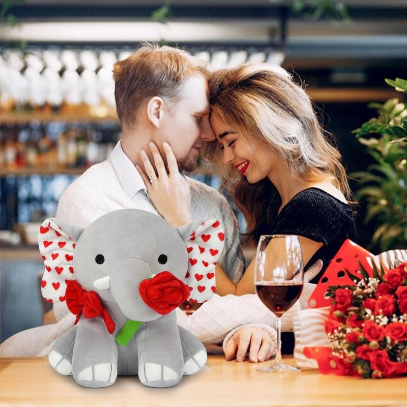 Valentine's Day Plush Elephant with Rose, 8in Valentine's Day Elephant Stuffed Animal,Valentine's Day Gift for Girlfriend,Elephant Plush for Valentine's Day Home Decorations