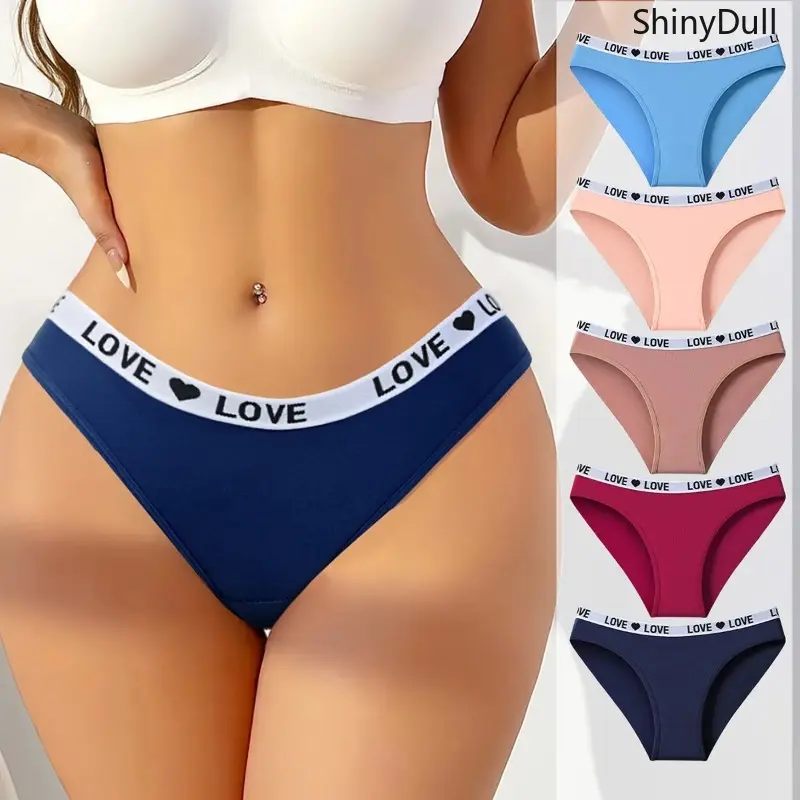 Lady's Cotton Activewear Panties, 5-Pack Low-Rise Soft Breathable Fabric Letter Strap Print Briefs - Mixed Color - 5 Pcs for Everyday Wear & Bridal Lingerie