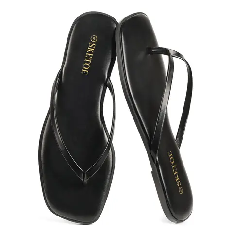 Women's Leather Square Toe Flat Bottom Thong Sandals - Flip Flops, Footwear, Padded, Slip-On, Street-Style, Breathable, Herringbone Wet-Floor Grip, Summer Beach Vacation Essentials