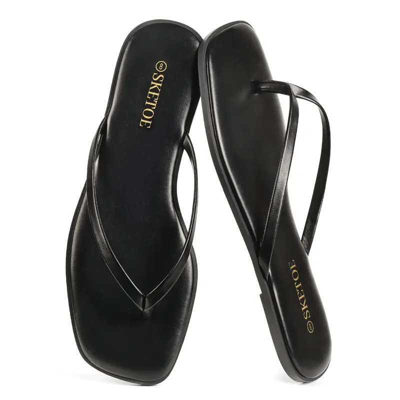 Women's Leather Square Toe Flat Bottom Thong Sandals - Flip Flops, Footwear, Padded, Slip-On, Street-Style, Breathable, Herringbone Wet-Floor Grip, Summer Beach Vacation Essentials