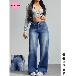 Flvsun-Women's Mid Rise Flanging Baggy Jeans Casual Stretchy Loose Straight Leg Denim Pants  Wide Leg Baggy Jeans for Women Y2K Casual Loose Denim with 4 Traditional Pockets   Blue Womenswear Bottom Trouser Streetwear Comfort Wideleg