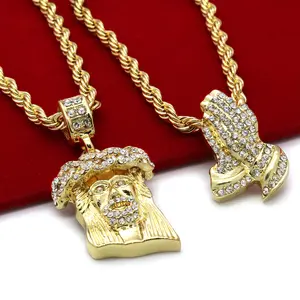 MaxBling81 2-Piece Religious Statement Chain Jewelry Necklaces - Jesus/Praying Hands Cubic Zirconia Pendants, 4mm 20" Cuban Rope & 24" Chains, Hip Hop Style Costume Jewelry, Cuban Rope Chain